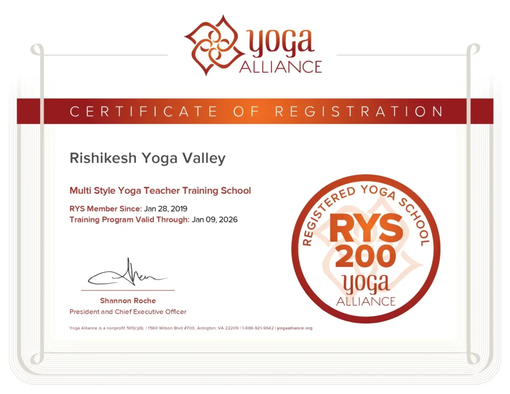 200 Hour Yoga Teacher Training School Certificate by Yoga Alliance