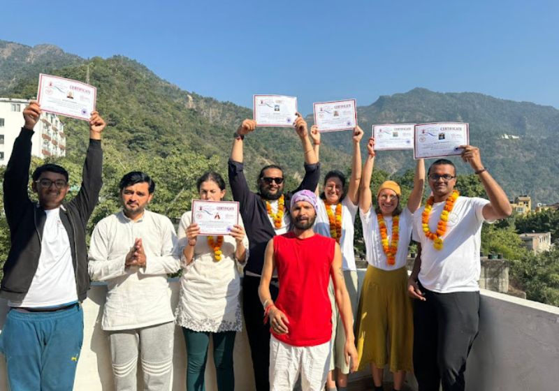 Certified 100 and 200 hour yoga teacher training students at rishikesh yoga valley
