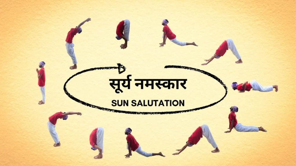 12 staep Surya Namaskar routine in yoga – image with traditional sun salutation postures