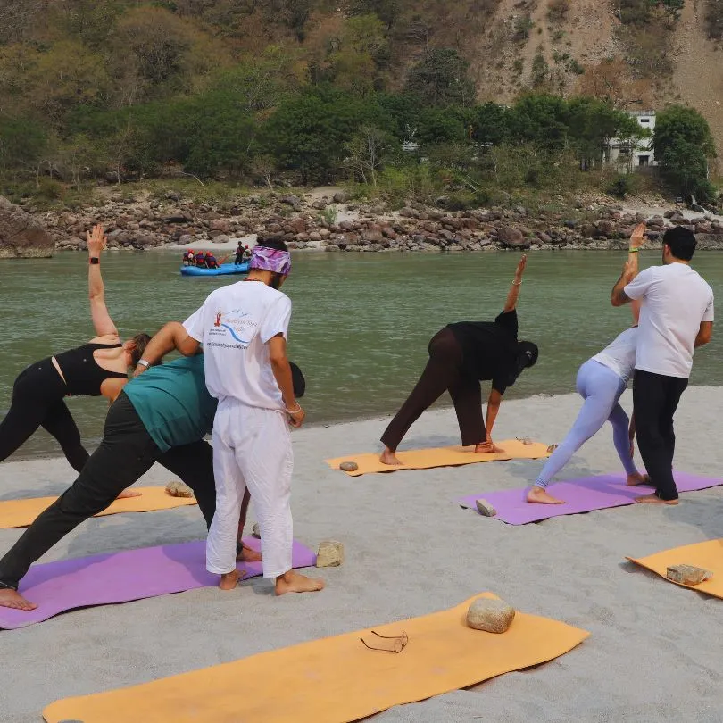 5 day yoga retreat yoga session near Ganga river, Rishikesh