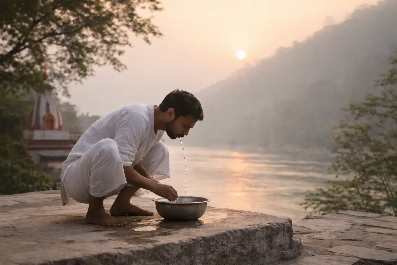a yogi calmly performing Kunjal Kriya as part of a classical shatkarma practice