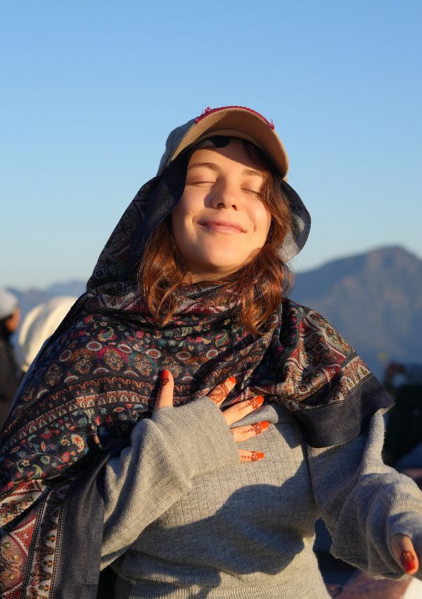Student feeling the environment at kunjapuri rishikesh during her yoga retreat at Rishikesh Yoga Valley