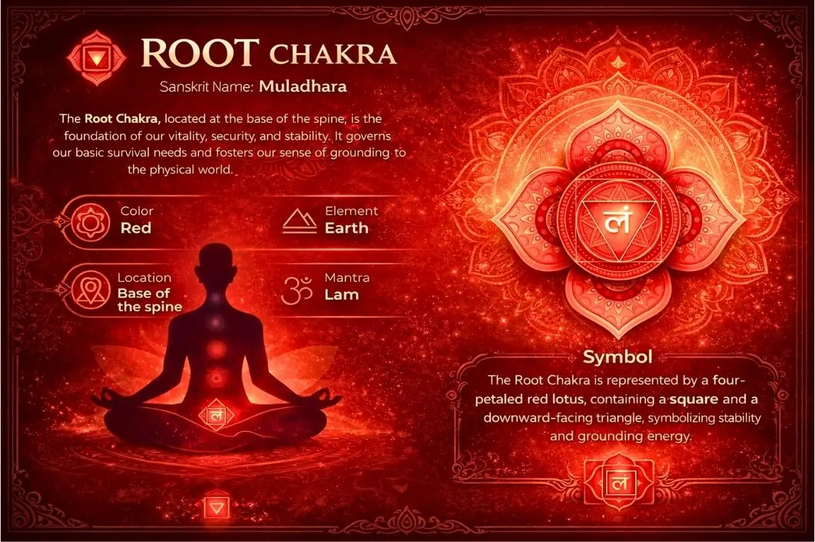 Root Chakra Muladhara located at the base of the spine, symbolized by a red four-petaled lotus and seed mantra LAM