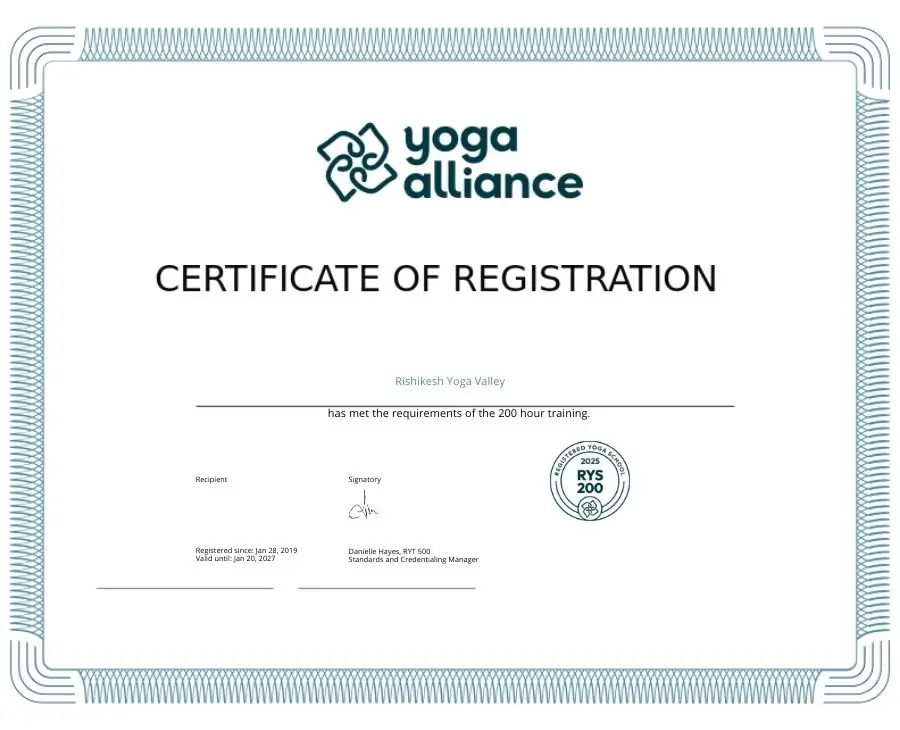 Rishikesh Yoga Valley RYS 200 Certification from Yoga Alliance