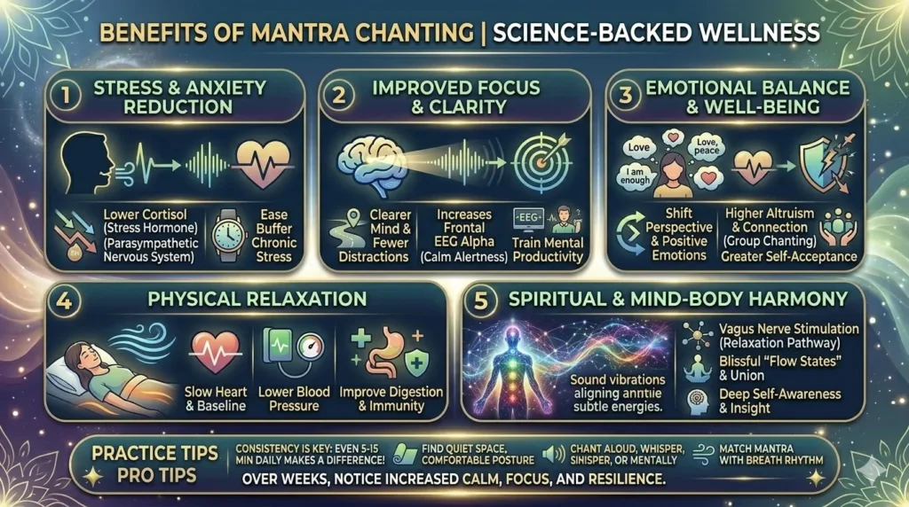 A clean horizontal infographic with five main sections: Stress & Anxiety Reduction, Improved Focus & Clarity, Emotional Balance & Well-being, Physical Relaxation, and Spiritual & Mind-Body Harmony.