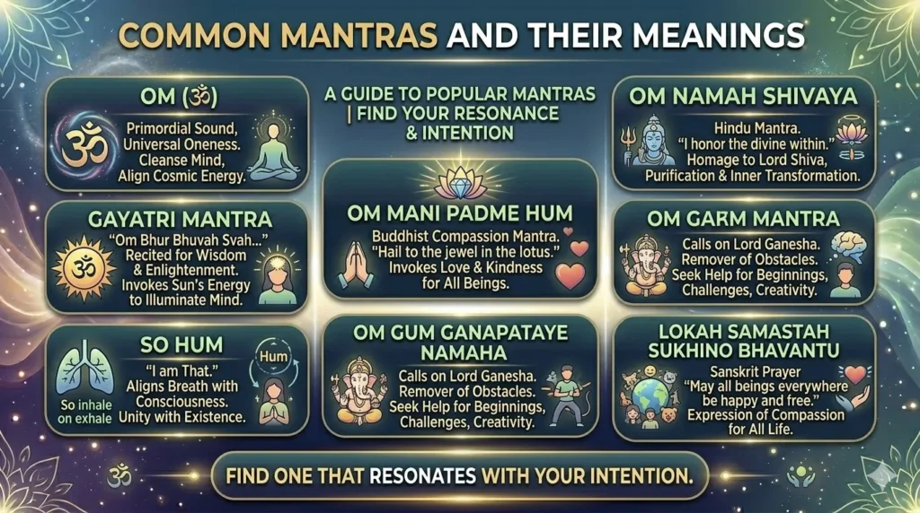 Horizontal infographic featuring 7 common mantras: Om, Gayatri Mantra, Om Mani Padme Hum, Om Namah Shivaya, So Hum, Om Gum Ganapataye Namaha, and Lokah Samastah Sukhino Bhavantu, with brief meanings against a glowing cosmic background.