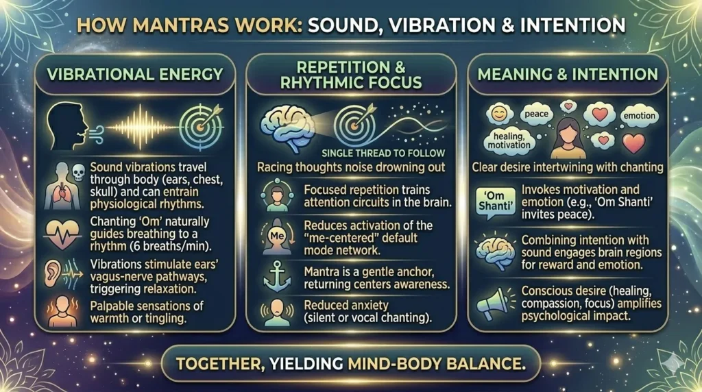 Horizontal infographic explaining three mechanisms of how mantras work: Vibrational Energy, Repetition & Rhythmic Focus, and Meaning & Intention, against a glowing cosmic background.