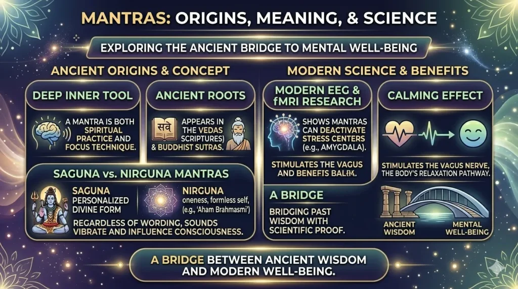 Infographic explaining mantra origins in ancient Vedas, their meaning as inner tool, Nirguna (oneness) and Saguna (divine form) types, and modern science benefits on stress centers.