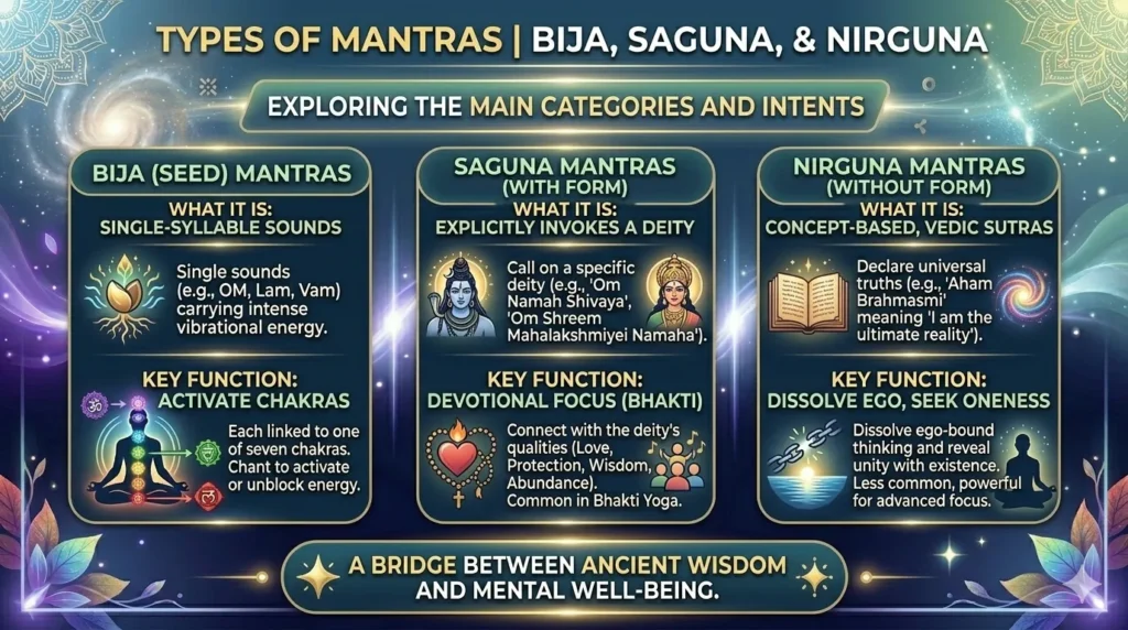 Horizontal infographic classifying types of mantras: Bija chakras, Saguna deities, and Nirguna universal truths.