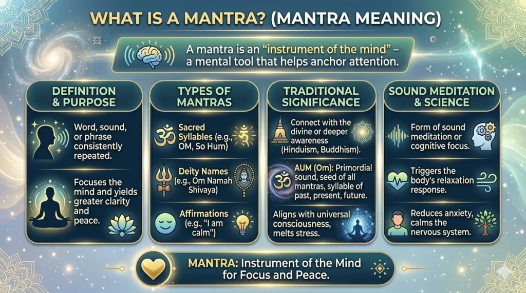 A comprehensive horizontal infographic detailing "What is a Mantra?" and its definition, inspired by the style of image_2.png and image_18.png. The graphic has four clean panels: