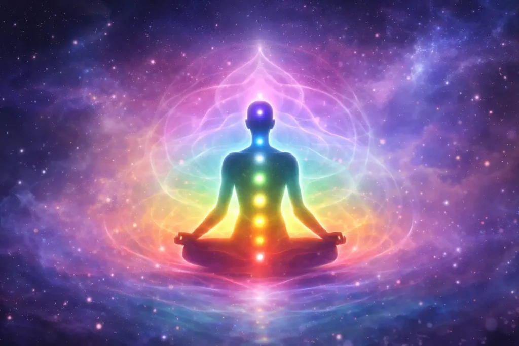 Meditative silhouette surrounded by radiant aura colors showing chakra energy field and spiritual light layers
