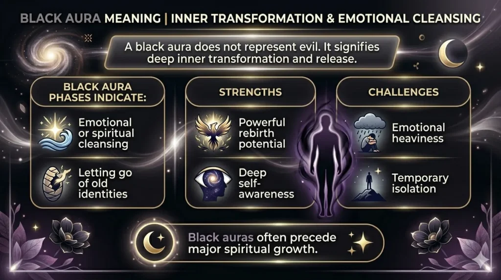 A comprehensive horizontal infographic explaining the meaning of a black aura, emphasizing inner transformation and emotional cleansing. The graphic includes sections on black aura phases like letting go, strengths of deep self-awareness and rebirth, and challenges such as emotional heaviness and isolation. It uses illustrative icons and text against a powerful, glowing dark background.