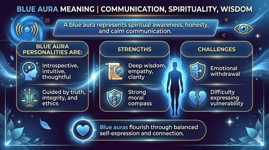 A horizontal infographic explaining the Blue Aura meaning, highlighting traits like introspection, intuitive personality, strengths of deep wisdom and clarity, and challenges such as emotional withdrawal, presented in a glowing blue design with relevant icons and text.