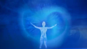 Blue aura surrounding a human figure representing calmness, spiritual energy, intuition and throat chakra connection
