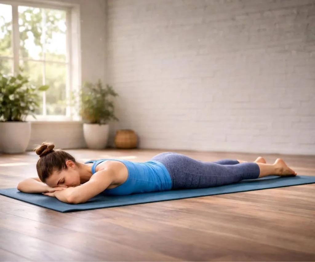 makarasana crocodile pose for deep relaxation and stress relief