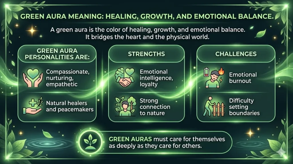 A horizontal infographic explaining the Green Aura meaning, detailing traits like compassion, empathy, and emotional balance. It includes distinct columns for personality, strengths such as emotional intelligence and nature connection, and challenges like burnout, set against a glowing natural green energy background.