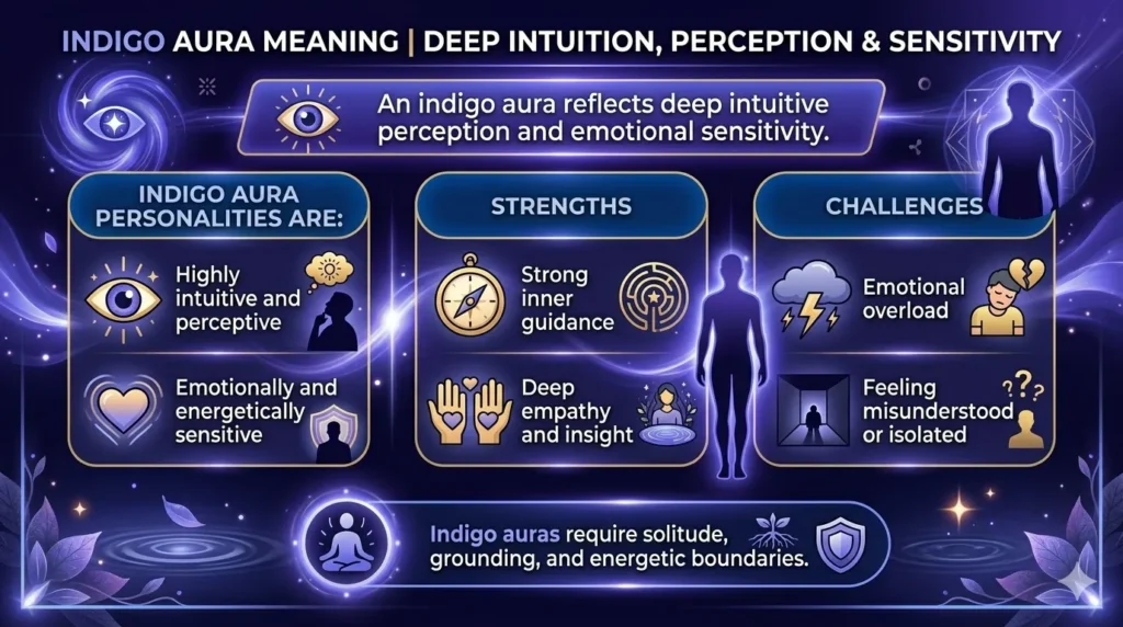 A horizontal infographic detailing the Indigo Aura meaning, focusing on deep intuitive perception and emotional sensitivity. The graphic features sections on indigo personality traits, strengths like inner guidance and empathy, and challenges such as emotional overload or isolation, designed with a glowing violet and indigo energy theme.