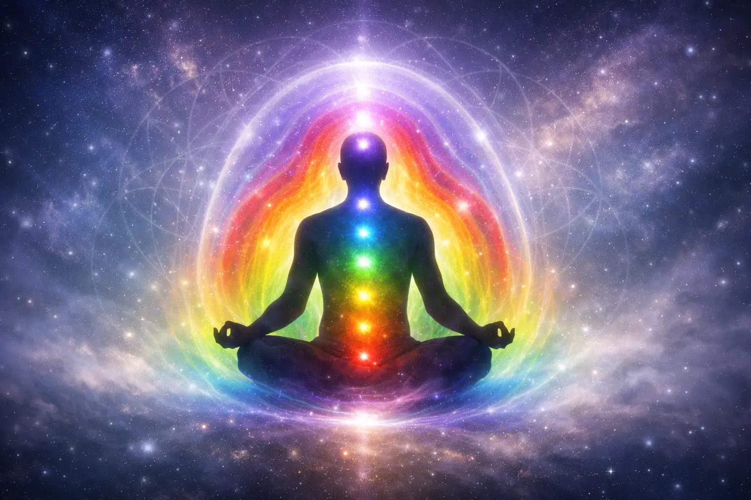 Meditating human silhouette in lotus pose with glowing chakra points and vibrant aura colors radiating in layered energy fields against a cosmic galaxy background.