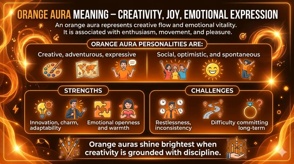 A horizontal infographic explaining the Orange Aura meaning, featuring sections on creative personality traits, social optimism, strengths like innovation and charm, and challenges such as restlessness, set against a vibrant glowing orange background.