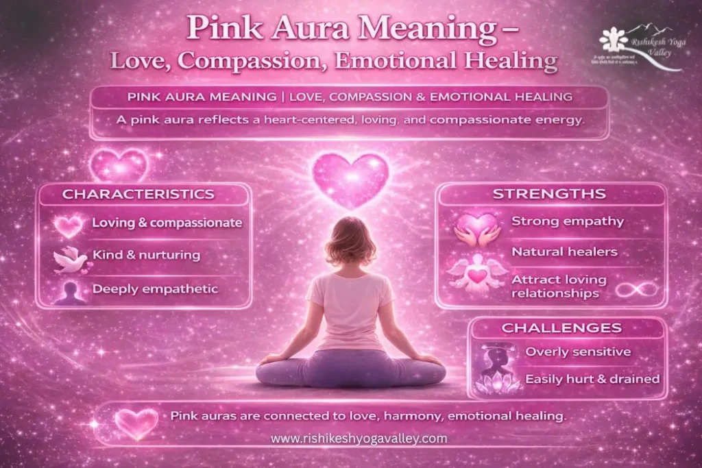 Pink aura meaning infographic showing love, compassion, emotional healing, personality traits, strengths and challenges
