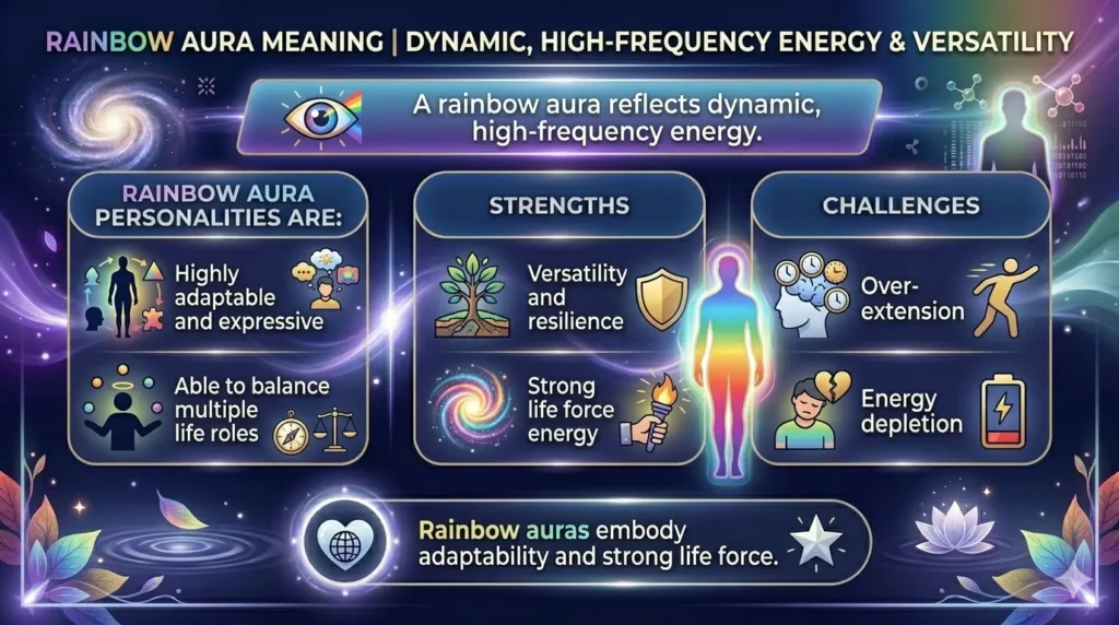 A horizontal infographic explaining the Rainbow Aura meaning, highlighting dynamic high-frequency energy and versatility. It features sections on rainbow aura personalities (adaptable and expressive), strengths like resilience and strong life force, and challenges such as overextension and energy depletion, set against a glowing multi-colored cosmic background.