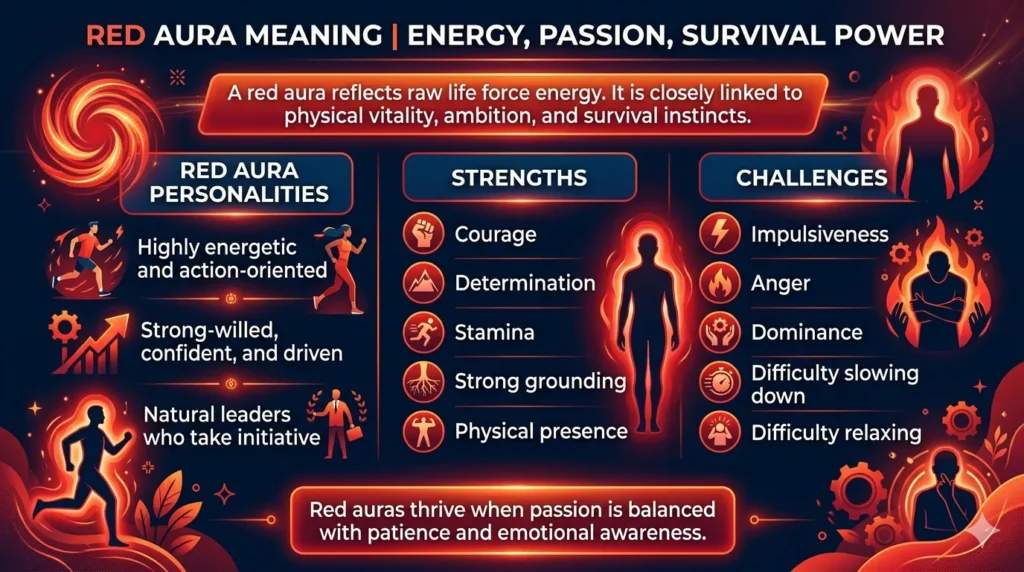 A horizontal infographic explaining the Red Aura meaning, highlighting life force energy, passion, and survival power. It includes sections on red aura personalities (action-oriented leaders), strengths (courage and stamina), and challenges (impulsiveness and anger) over a fiery red and dark background.