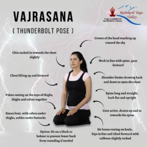 Vajrasana Thunderbolt Pose alignment guide showing proper spine posture, chin tuck, shoulder placement, core engagement, and knees bent sitting on heels
