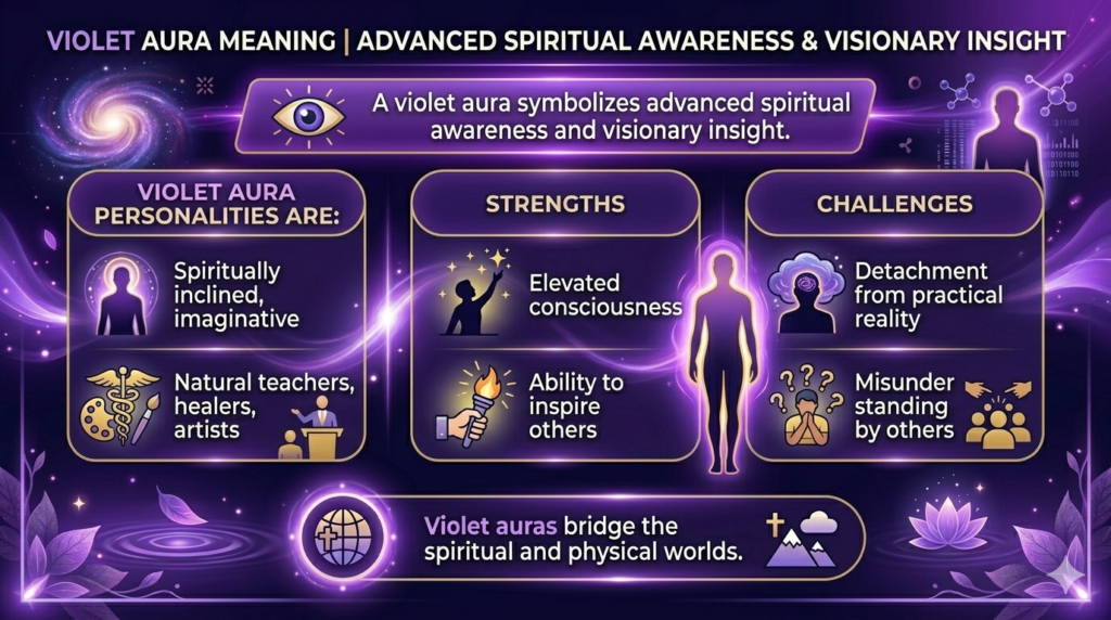 A horizontal infographic explaining the Violet Aura meaning, focusing on advanced spiritual awareness and visionary insight. The graphic details traits like imagination, strengths such as elevated consciousness and the ability to inspire, and challenges like detachment from reality, designed in a glowing violet energy theme with corresponding icons.