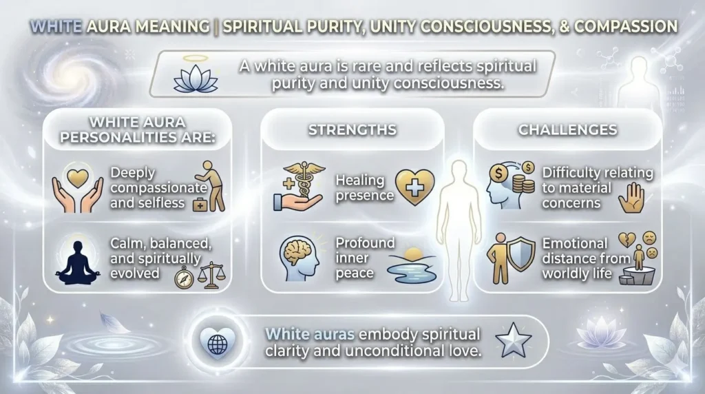 A comprehensive horizontal infographic about the White Aura meaning, detailing spiritual purity and unity consciousness. It features three sections: White Aura Personalities (deeply compassionate, selfless), Strengths (healing presence, profound inner peace), and Challenges (difficulty with material concerns, emotional distance). The design is clean, white, and gold, with illustrative icons against a glowing cosmic background, including a central glowing figure and botanical accents.