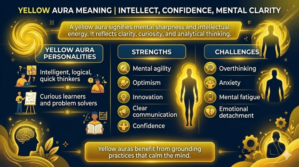 A comprehensive horizontal infographic about the Yellow Aura meaning, focusing on intellect, confidence, and mental clarity. It outlines yellow aura personality traits like logical thinking, strengths such as mental agility and innovation, and challenges like overthinking and anxiety, presented in a glowing gold and black design