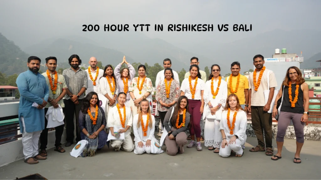 Group of yoga teacher training students in Rishikesh representing the comparison of 200 Hour YTT in Rishikesh vs Bali.