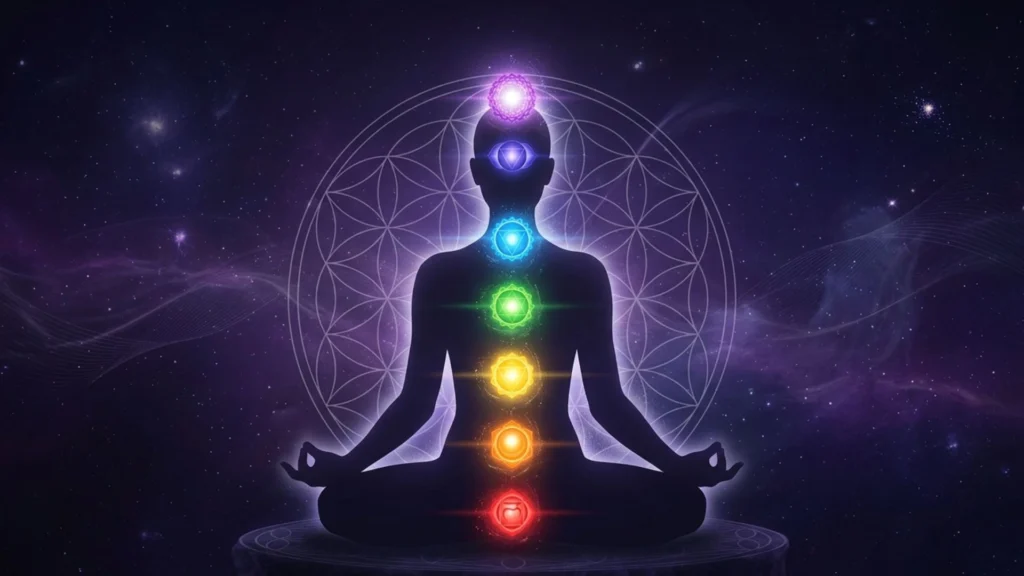 Meditating person with 7 chakras energy centers glowing along spine representing spiritual balance and healing