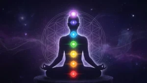Meditating person with 7 chakras energy centers glowing along spine representing spiritual balance and healing
