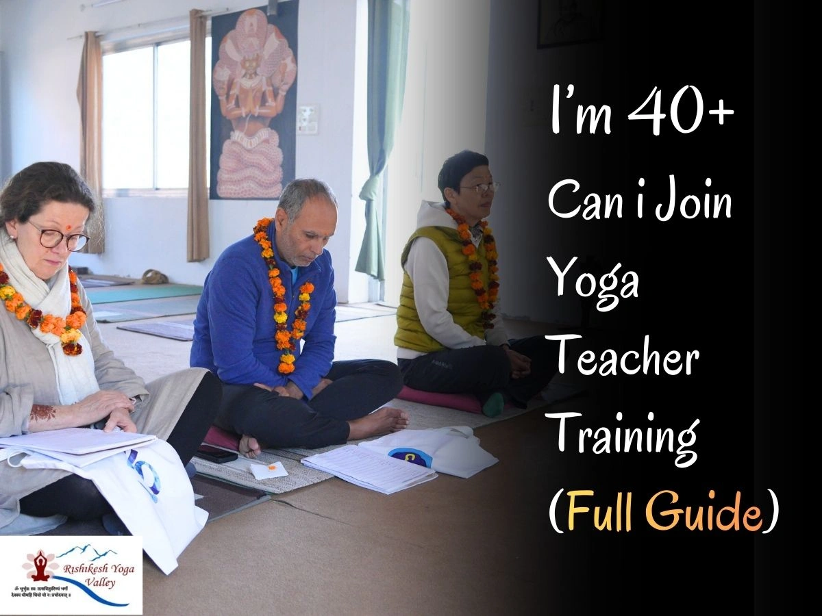 A diverse group of students over 40 participating in a professional yoga teacher training course at Rishikesh Yoga Valley, demonstrating that a 40 plus year old can do yoga teacher training successfully.