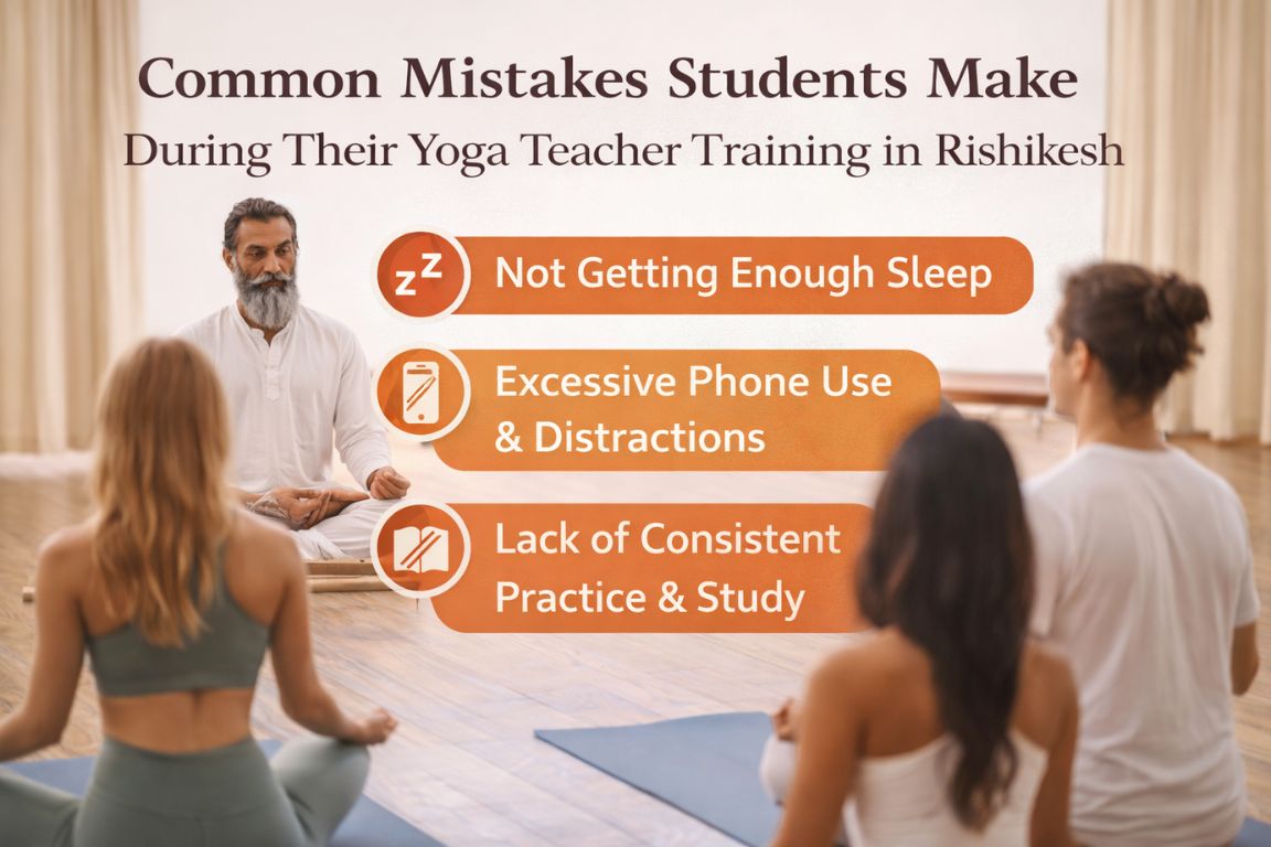 Yoga teacher guiding students during meditation while explaining common mistakes students make during yoga teacher training in Rishikesh.