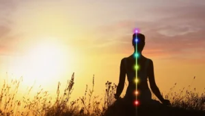 Silhouette of a person sitting in a meditative pose outdoors against a golden sunset, representing a traditional yogic lifestyle. A glowing vertical line of light ascends along their spine, illuminating the seven chakras in vibrant colors from red at the base to violet at the crown. The scene is set in a peaceful field of tall grass.