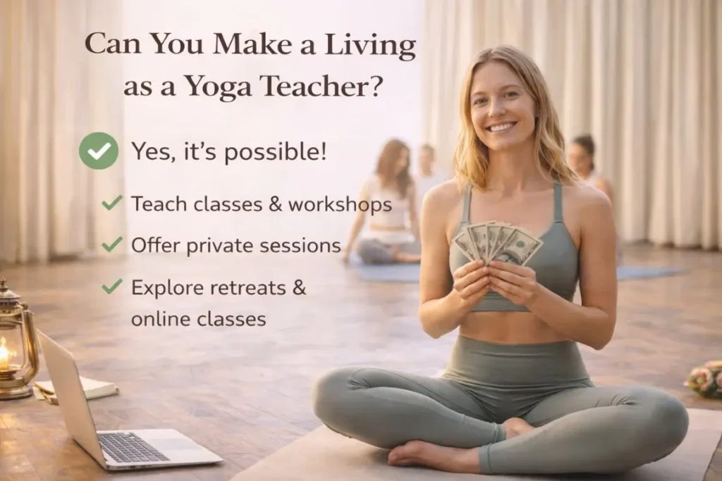 A smiling female yoga instructor holding cash while sitting on a mat with a laptop, highlighting how to make living as a yoga teacher through online classes, workshops, and retreats.