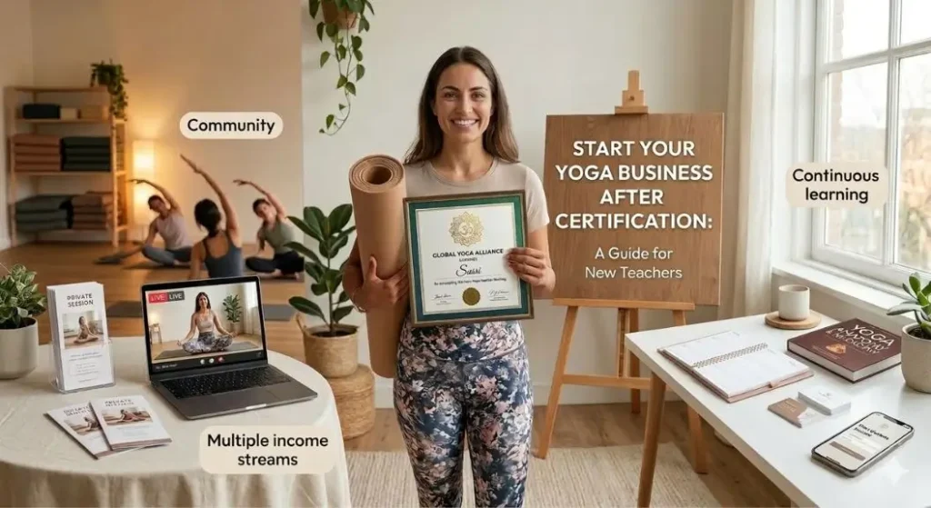Yoga teacher holding certification and yoga mat while planning a yoga business after certification, showing opportunities for community classes, online teaching, and multiple income streams.