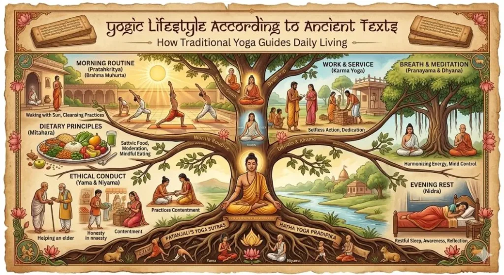 An educational infographic titled "Yogic Lifestyle According to Ancient Texts," illustrating how a traditional yogic lifestyle guides daily living. The image features a central "Tree of Life" with roots in the Patanjali Yoga Sutras and Hatha Yoga Pradipika. Branches highlight key pillars: Morning Routine (Pratahkritya), Dietary Principles (Mitahara), Ethical Conduct (Yama & Niyama), Work & Service (Karma Yoga), Breath & Meditation (Pranayama & Dhyana), and Evening Rest (Nidra)