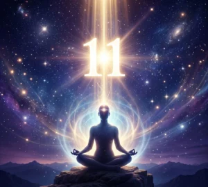 Person meditating under glowing angel number 11 with cosmic energy symbolizing intuition, spiritual awakening, and higher consciousness