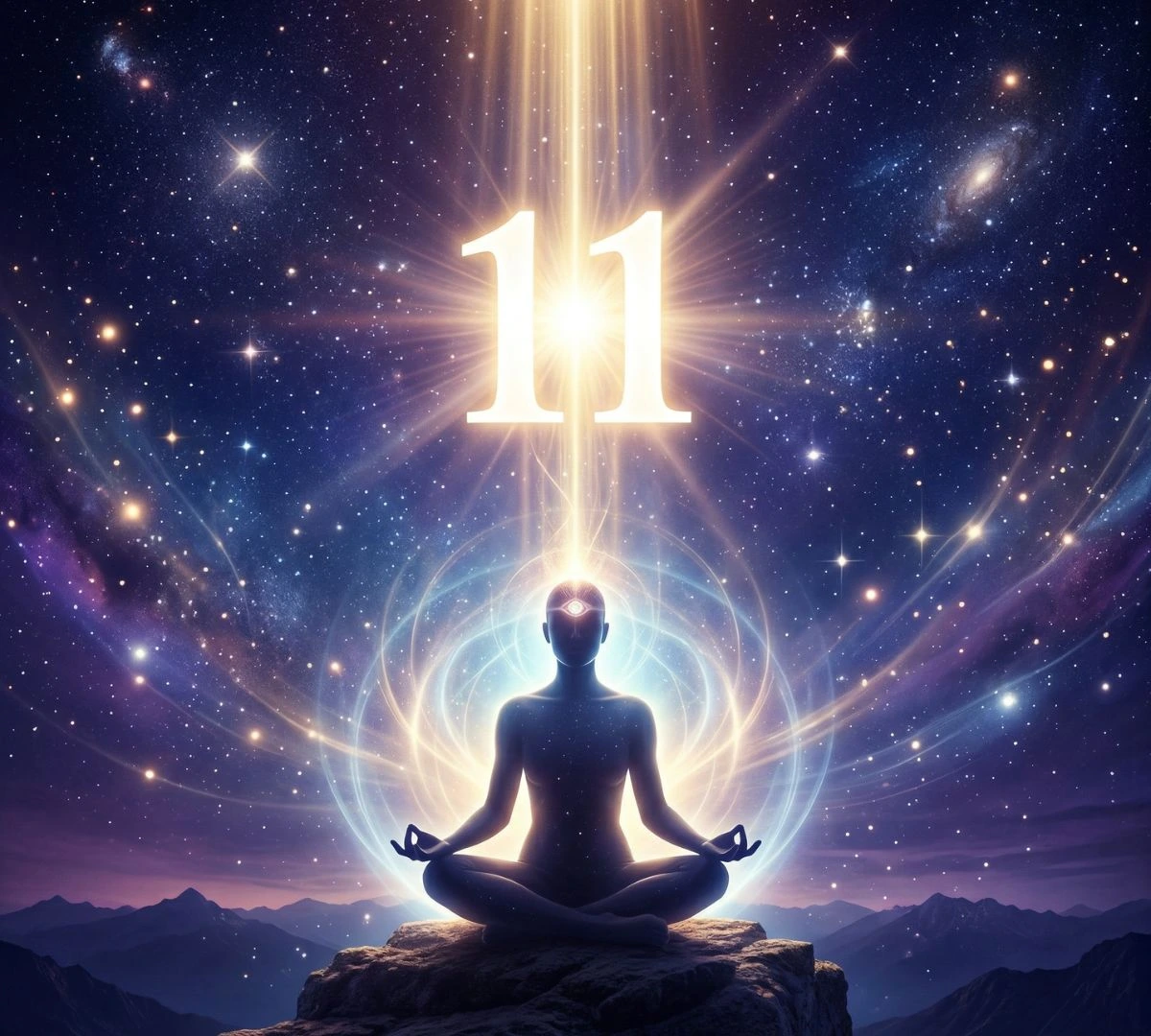 Person meditating under glowing angel number 11 with cosmic energy symbolizing intuition, spiritual awakening, and higher consciousness