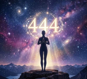 Person meditating under glowing angel number 444 in a cosmic sky symbolizing spiritual guidance, protection, and awakening