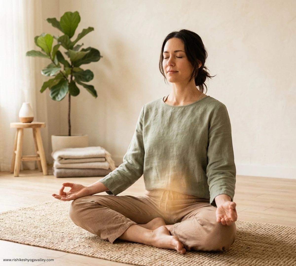 Woman practicing Ashwini Mudra meditation in a calm indoor yoga space with natural light and peaceful environment