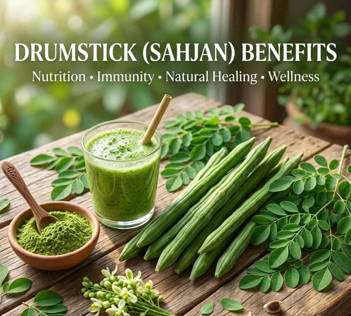 Drumstick (sahjan) moringa pods, leaves, and powder with smoothie showing nutrition and health benefits
