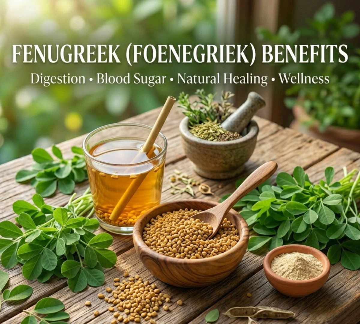 Fenugreek (foenegriek) seeds, leaves, powder, and tea showing health benefits for digestion and blood sugar control