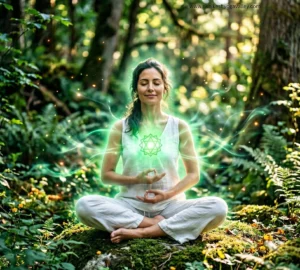 Woman meditating with green aura energy in nature representing heart chakra healing, balance, and emotional growth