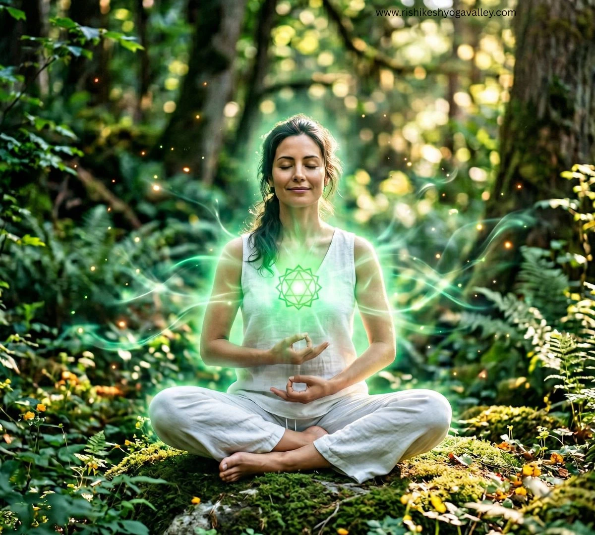 Woman meditating with green aura energy in nature representing heart chakra healing, balance, and emotional growth