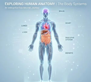 Human body anatomy diagram showing organs like brain, heart, lungs, liver, digestive system, and kidneys