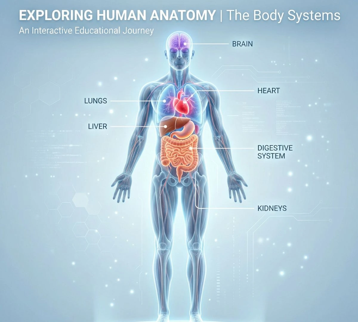 Human body anatomy diagram showing organs like brain, heart, lungs, liver, digestive system, and kidneys