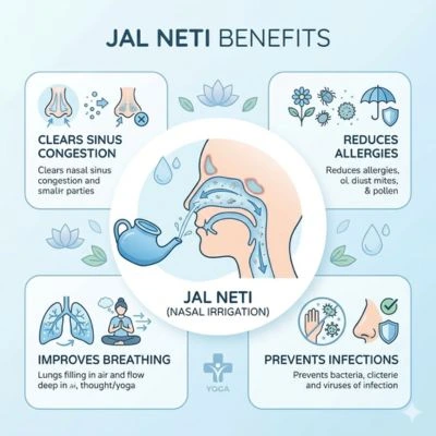 Jala Neti benefits infographic showing nasal cleansing, improved breathing, reduced allergies, and sinus relief